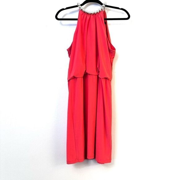 MSK Sleeveless Lined Halter Neck Blouson Mini Dress Coral Pink Size Petite Large - Picture 1 of 6